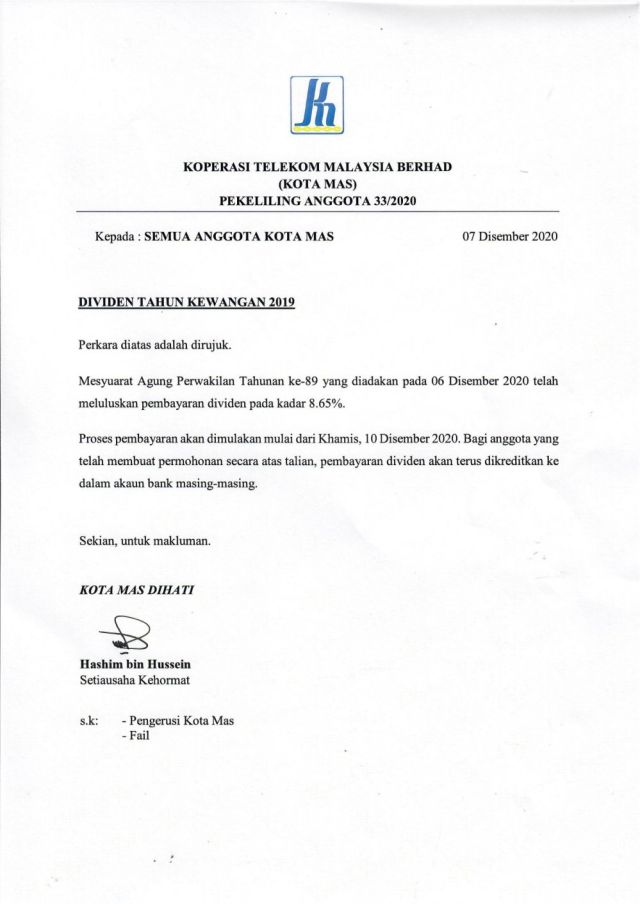 PEKELILING ANGGOTA 33/2020 - KADAR DIVIDEN 2019