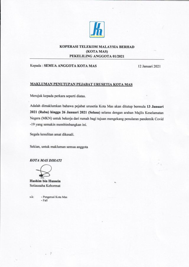 PEKELILING ANGGOTA 01/2021 - PENUTUPAN PEJABAT