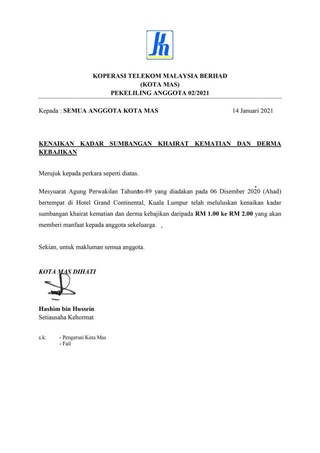 PEKELILING ANGGOTA 02/2021 - KADAR SUMBANGAN KHAIRAT KEMATIAN & DERMA KEBAJIKAN