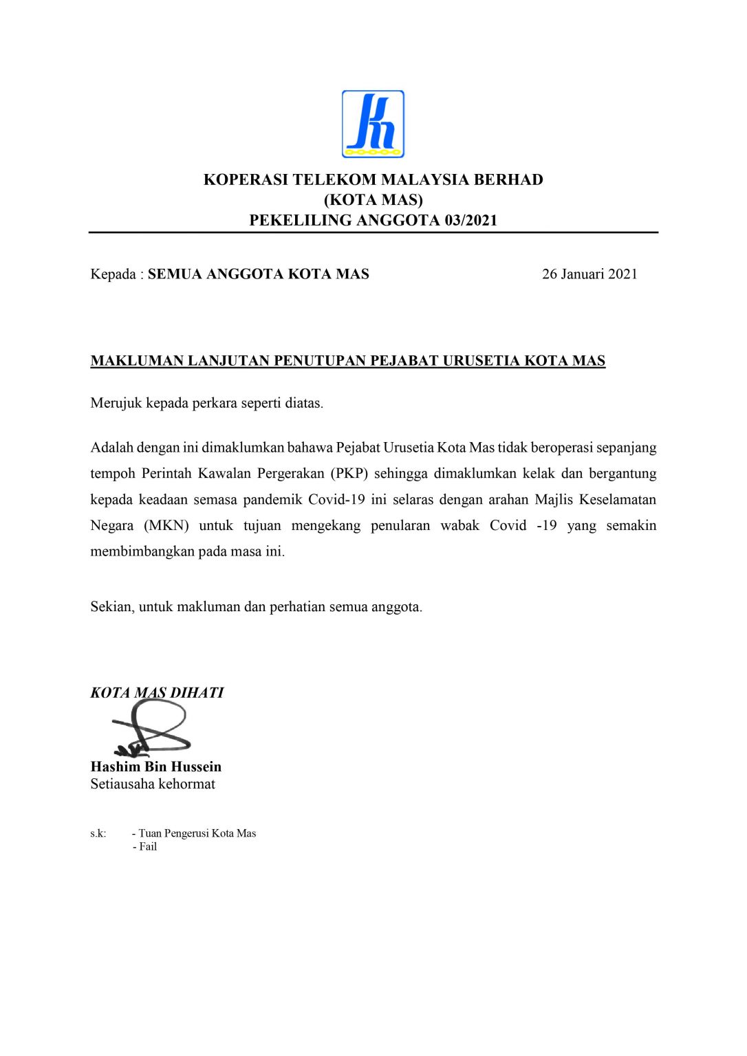 PEKELILING ANGGOTA 03/2021 - PENUTUPAN PEJABAT