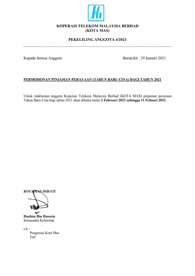 PEKELILING ANGGOTA 4/2021 - PINJAMAN PERAYAAN (TAHUN BARU CINA)