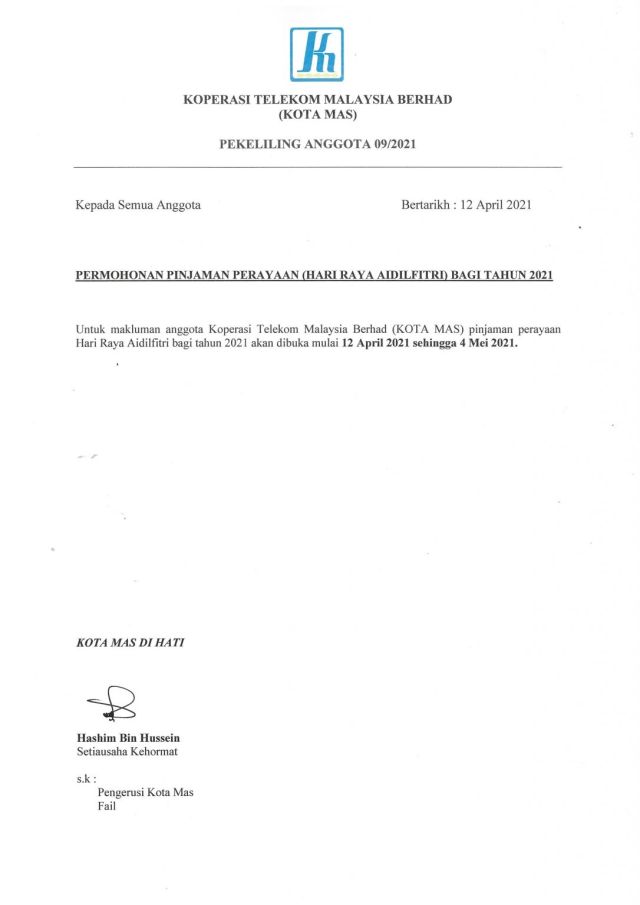 PEKELILING ANGGOTA PERMOHONAN PINJAMAN PERAYAAN (HARI RAYA AIDILFITRI) BAGI TAHUN 2021 09/2021