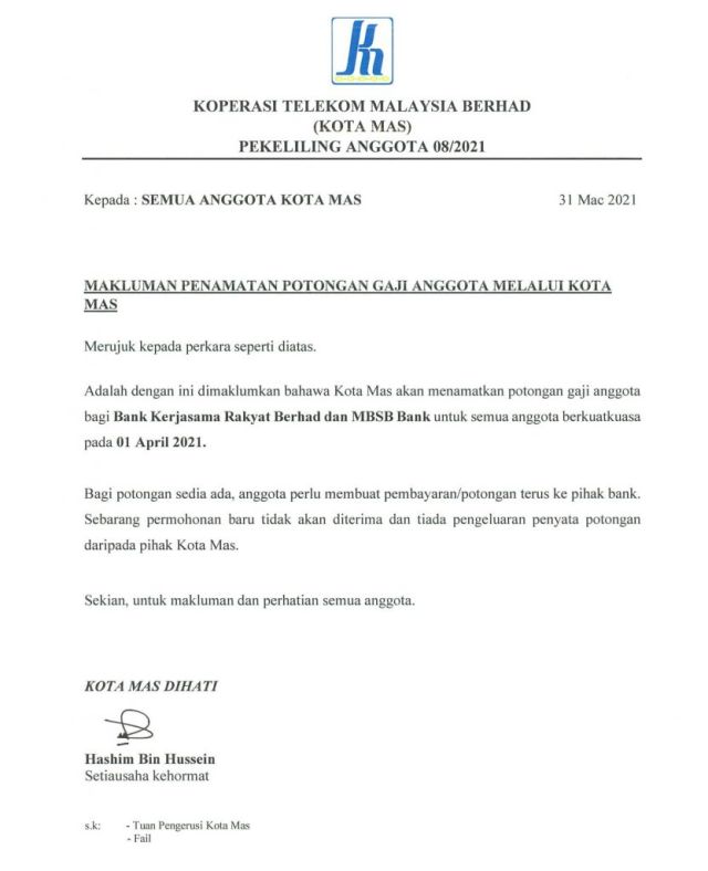 MEMO PEKELILING 08/2021 - PENAMATAN POTONGAN GAJI