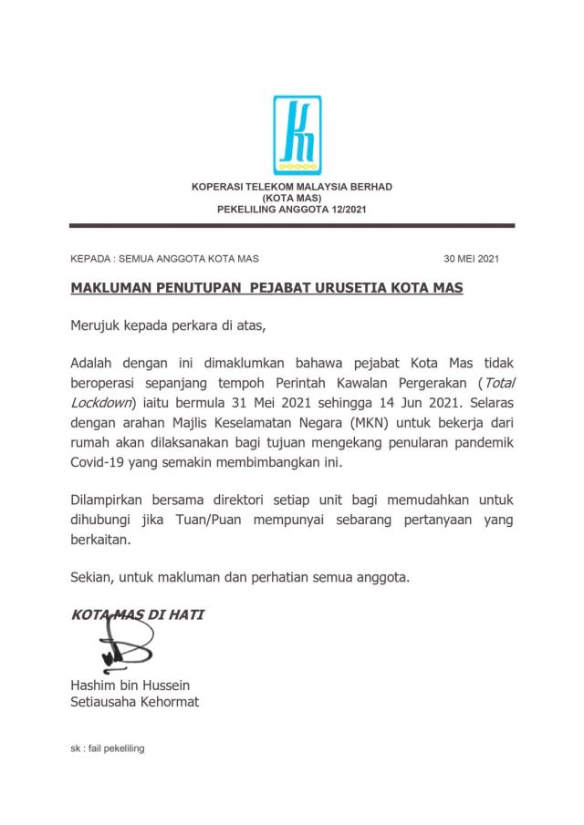 MEMO PEKELILING 12/2021 PENUTUPAN PEJABAT URUSETIA KOTA MAS