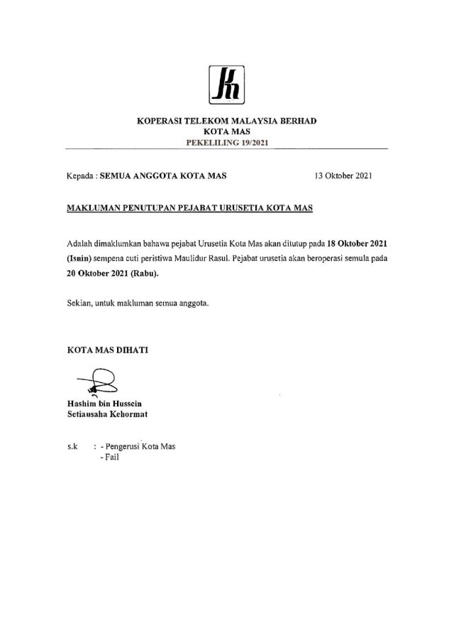 PEKELILING ANGGOTA 19/2021 MAKLUMAN PENUTUPAN PEJABAT URUSETIA KOTA MAS