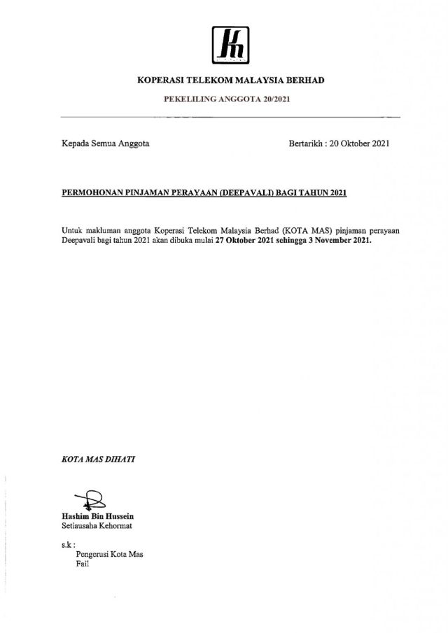 PEKELILING ANGGOTA 20/2021 MAKLUMAN PINJAMAN PERAYAAN DEEPAVALI