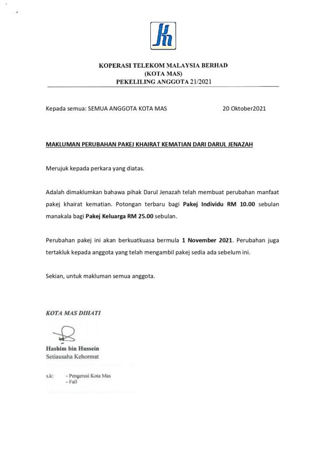 PEKELILING ANGGOTA 21/2021 MAKLUMAN PERUBAHAN PAKEJ KHAIRAT KEMATIAN DARI DARUL JENAZAH