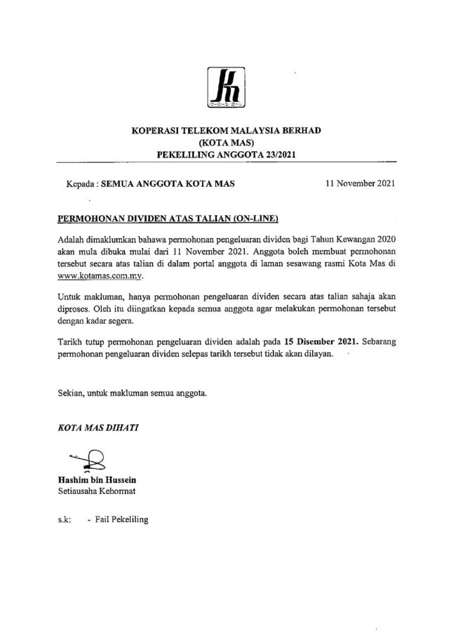PEKELILING ANGGOTA 23/2021 PERMOHONAN DIVIDEN ATAS TALIAN (ON-LINE)