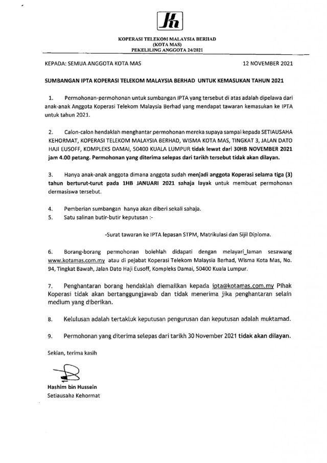 PEKELILING ANGGOTA 24/2021 SUMBANGAN IPTA KOPERASI TELEKOM MALAYSIA BERHAD UNTUK KEMASUKAN TAHUN 2021