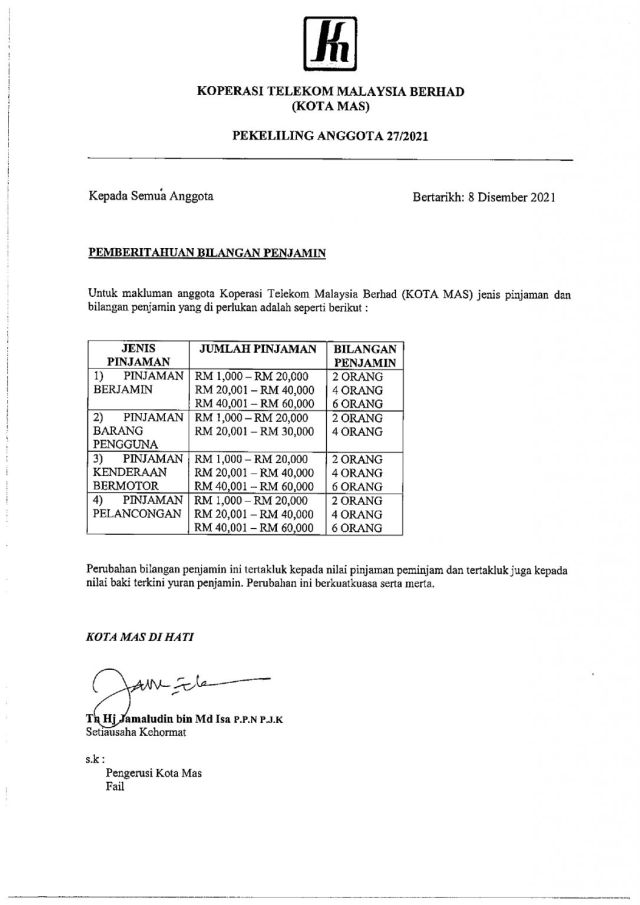 PEKELILING ANGGOTA 27/2021 PEMBERITAHUAN BILANGAN PENJAMIN
