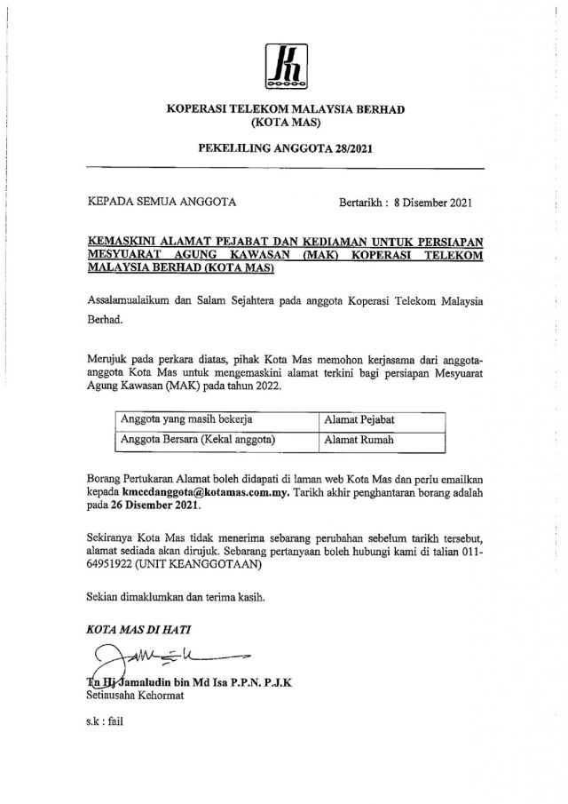 PEKELILING ANGGOTA 28/2021 KEMASKINI ALAMAT PEJABAT & RUMAH UNTUK PERSIAPAN MESYUARAT AGUNG KAWASAN