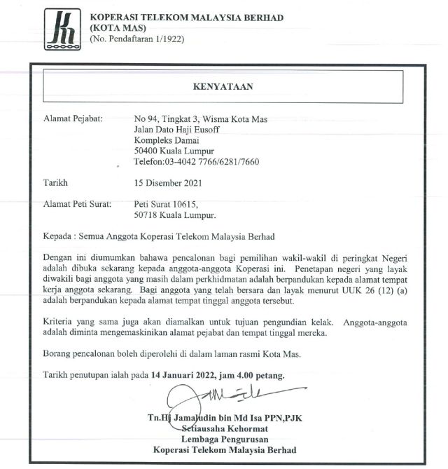 KENYATAAN PEMILIHAN PERWAKILAN 2022 & BORANG PENCALONAN