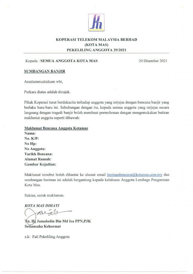 PEKELILING ANGGOTA 29/2021 BANTUAN BENCANA SUMBANGAN BANJIR