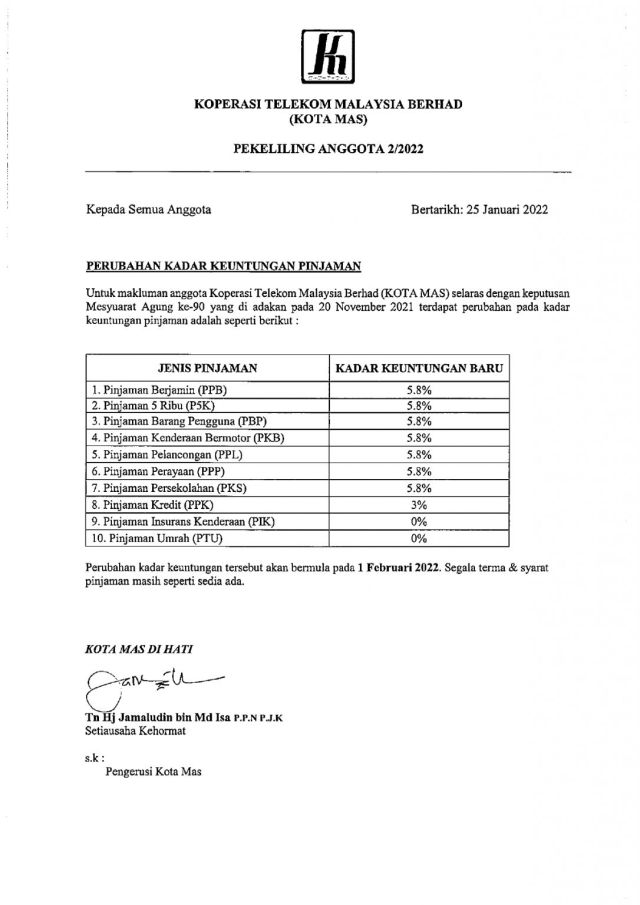 PEKELILING ANGGOTA 2/2022 PERUBAHAN KADAR KEUNTUNGAN PINJAMAN