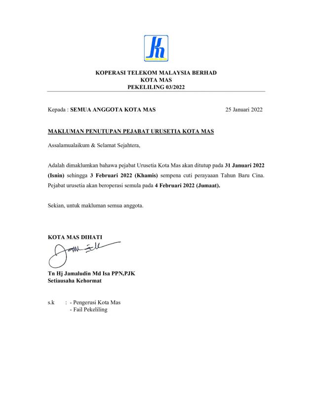PEKELILING 03/2022 MAKLUMAN PENUTUPAN PEJABAT URUSETIA KOTA MAS