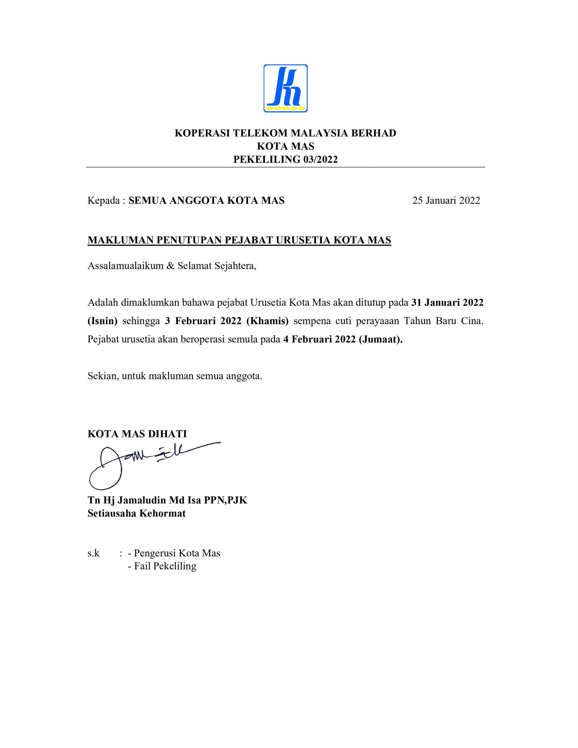 PEKELILING 03/2022 MAKLUMAN PENUTUPAN PEJABAT URUSETIA KOTA MAS
