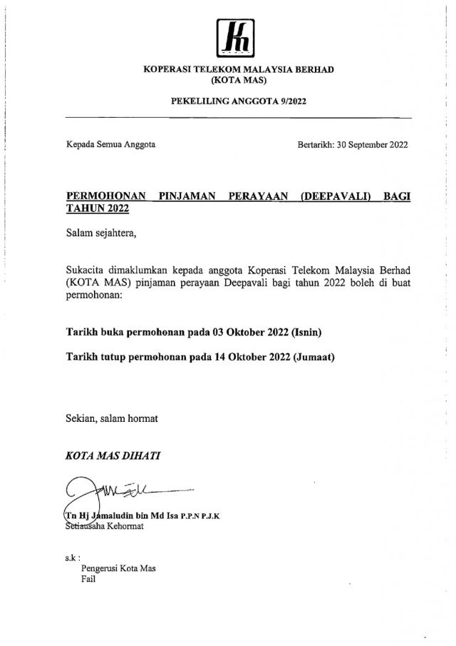 PEKELILING ANGGOTA 09/2022 PERMOHONAN PINJAMAN PERAYAAN DEEPAVALI TAHUN 2022