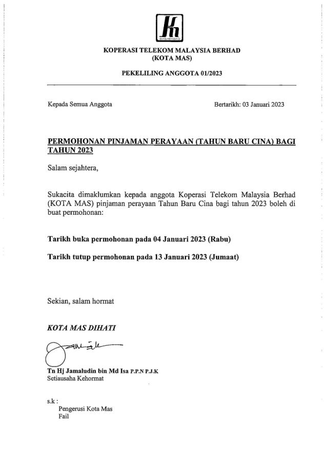PEKELILING ANGGOTA 01/2023 PEKELILING PINJAMAN PERAYAAN TAHUN BARU CINA 2023