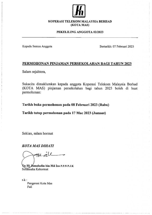 PEKELILING 02/2023 PERMOHONAN PINJAMAN PERSEKOLAHAN BAGI TAHUN 2023