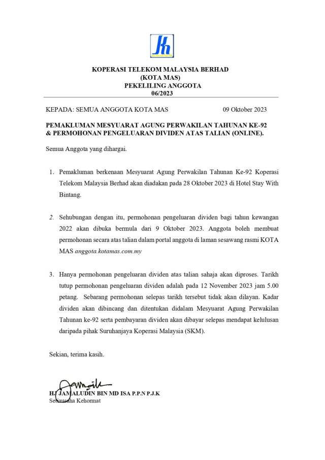 PEKELILING ANGGOTA 06/2023 PEMAKLUMAN MESYUARAT AGUNG PERWAKILAN TAHUNAN KE-92 & PERMOHONAN PENGELUARAN DIVIDEN ATAS TALIAN (ONLINE)