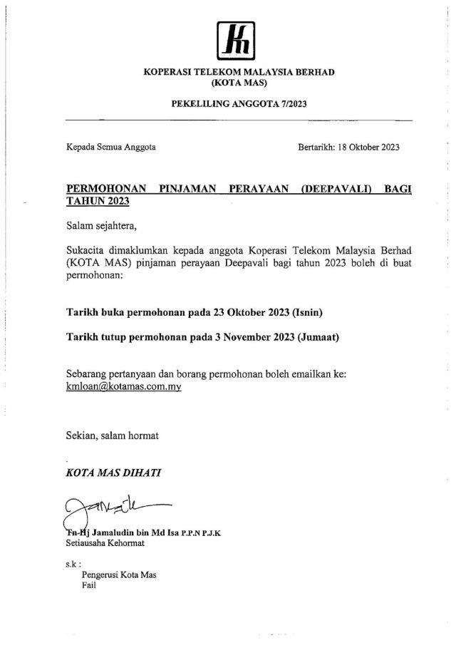 PEKELILING ANGGOTA 07/2023 PERMOHONAN PINJAMAN PERAYAAN DEEPAVALI TAHUN 2023