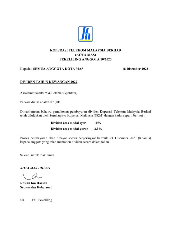 MEMO PEKELILING 10 2023 - MAKLUMAN DIVIDEN TAHUN KEWANGAN 2022