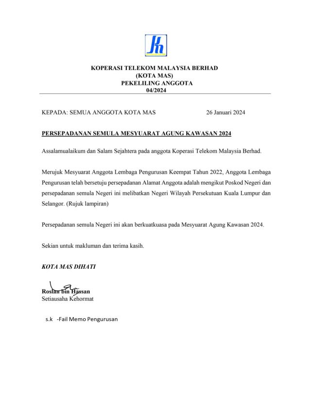 PEKELILING ANGGOTA 04/2024 - MEMO PERSEPADANAN SEMULA NEGERI BAGI MESYUARAT AGUNG KAWASAN 2024