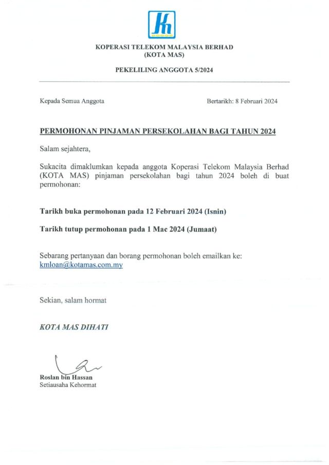 PEKELILING ANGGOTA 05/2024 – PINJAMAN PERSEKOLAHAN BAGI TAHUN 2024