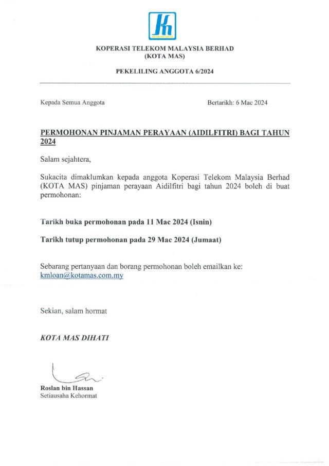 PEKELILING ANGGOTA 06/2024 PERMOHONAN PINJAMAN PERAYAAN ( AIDILFITRI ) 2024