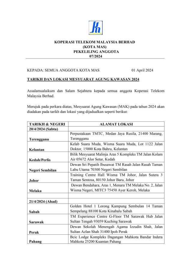 PEKELILING ANGGOTA 07/2024 MEMO TARIKH DAN TEMPAT MAK 2024