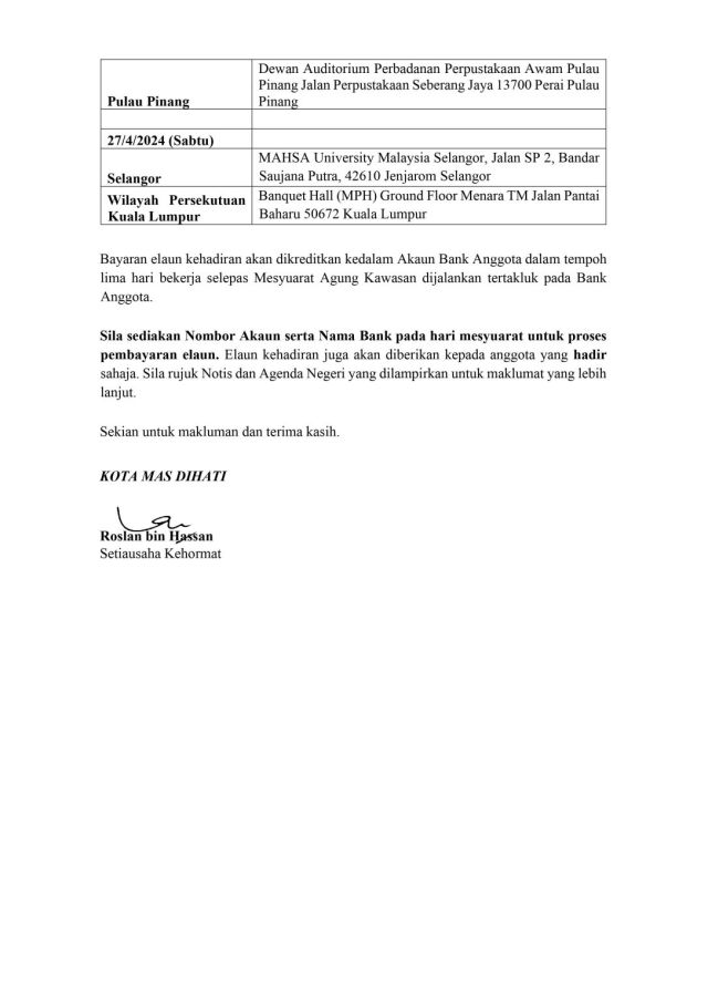 PEKELILING ANGGOTA 07/2024 MEMO TARIKH DAN TEMPAT MAK 2024