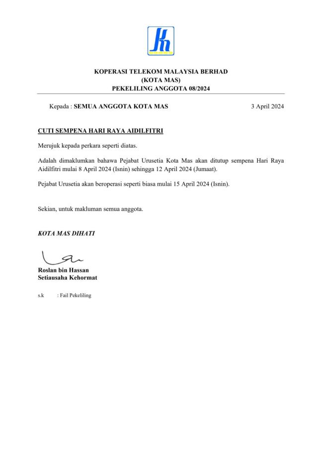 PEKELILING ANGGOTA 08/2024 MEMO CUTI RAYA
