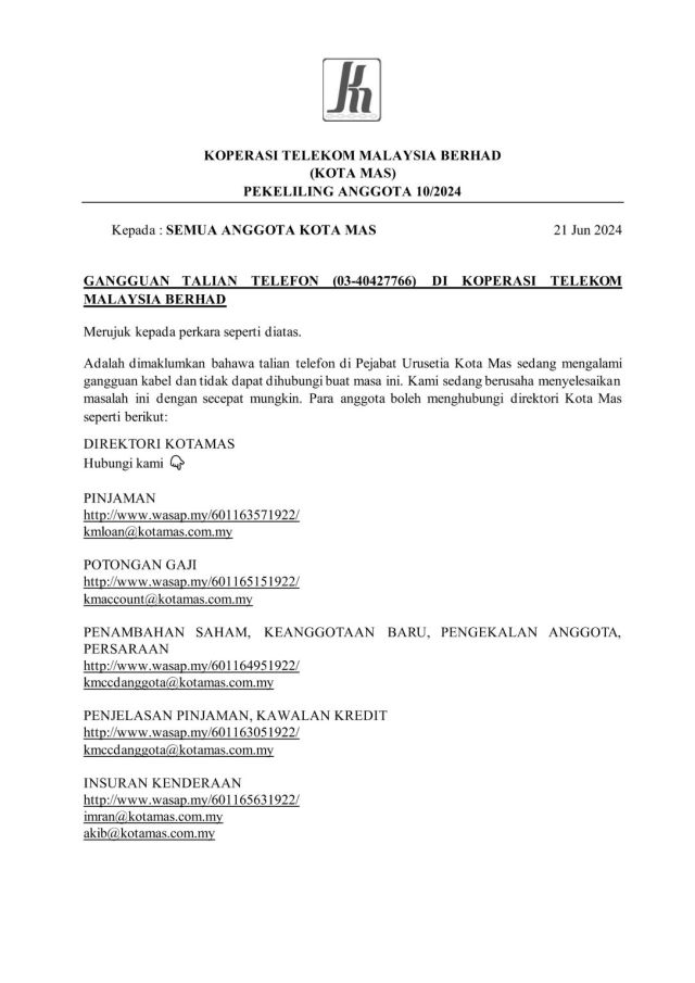 PEKELILING ANGGOTA 10/2024 GANGGUAN TALIAN TELEFON PEJABAT