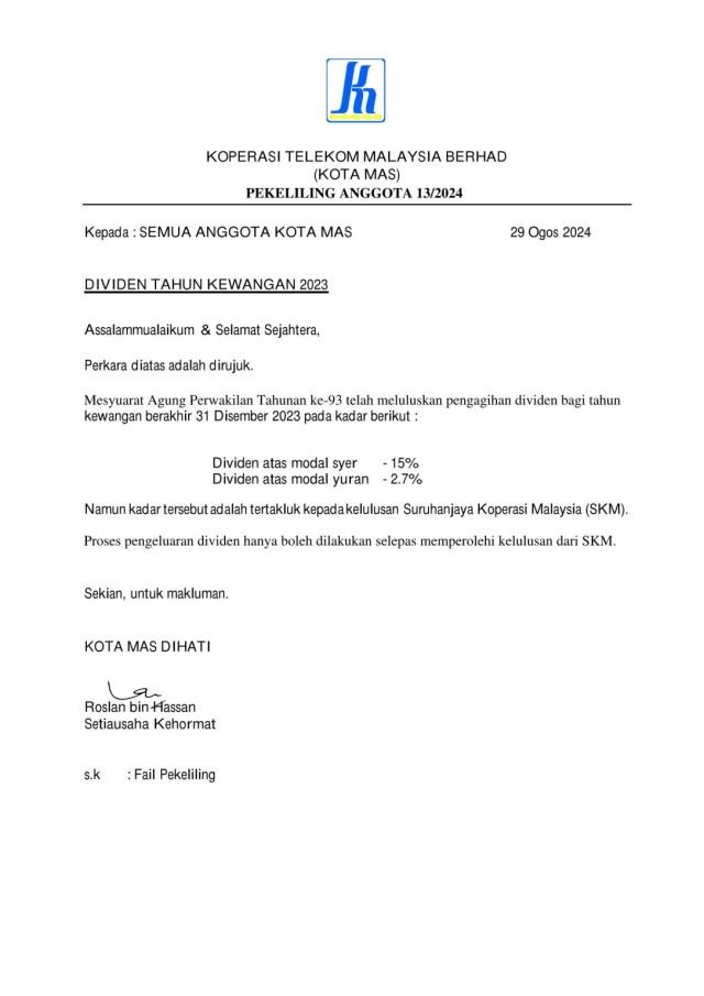 PEKELILING ANGGOTA 13/2024 DIVIDEN TAHUN KEWANGAN 2023