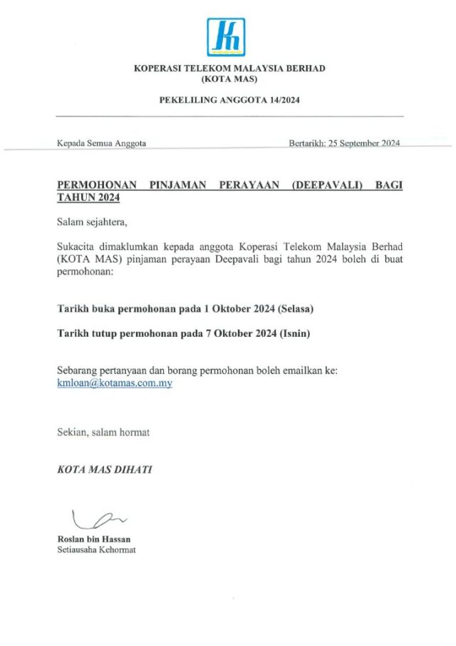 PEKELILING ANGGOTA 14/2024 PERMOHONAN PINJAMAN PERAYAAN DEEPAVALI BAGI TAHUN 2024