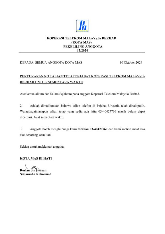 PEKELILING ANGGOTA 15/2024 PERTUKARAN NO TALIAN TETAP PEJABAT