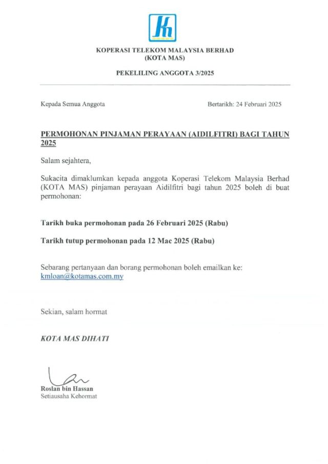 PEKELILING ANGGOTA 3/2025 PERMOHONAN PINJAMAN PERAYAAN (AIDILFITRI) BAGI TAHUN 2025