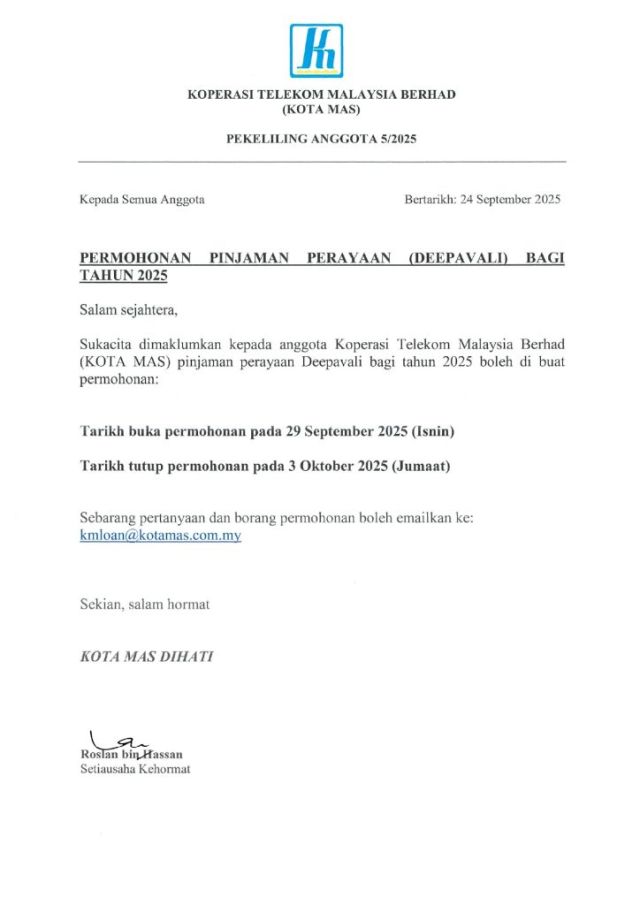 PEKELILING ANGGOTA 5/2025 PERMOHONAN PINJAMAN PERAYAAN (DEEPAVALI) 2025