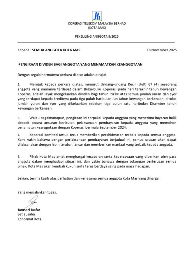 PEKELILING ANGGOTA 9/2025 PENGIRAAN DIVIDEN BAGI ANGGOTA YANG MENAMATKAN KEANGGOTAAN