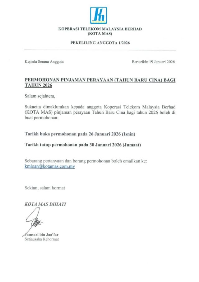 PEKELILING ANGGOTA 1/2026 PEMOHONAN PINJAMAN PERAYAAN ( TAHUN BARU CINA ) BAGI TAHUN 2026