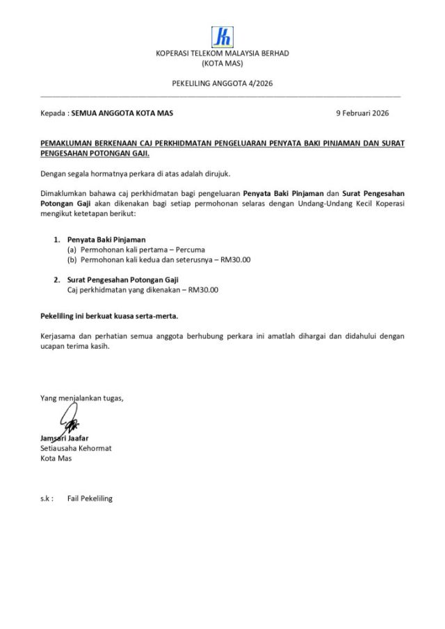PEKELILING ANGGOTA 4/2026 PEMAKLUMAN BERKENAAN CAJ PERKHIDMATAN PENGELUARAN PENYATA BAKI PINJAMAN DAN SURAT PENGESAHAN POTONGAN GAJI