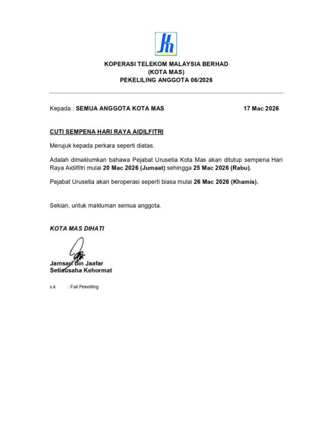 PEKELILING ANGGOTA 6/2026 CUTI SEMPENA HARI RAYA