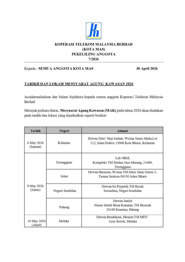 PEKELILING ANGGOTA 7/2026 TARIKH DAN LOKASI MESYUARAT AGUNG KAWASAN 2026