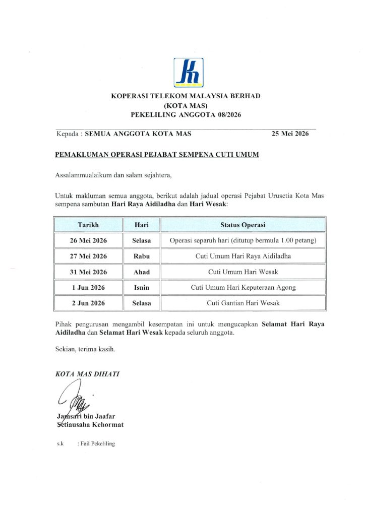PEKELILING ANGGOTA 7/2026 CUTI SEMPENA HARI RAYA AIDILADHA