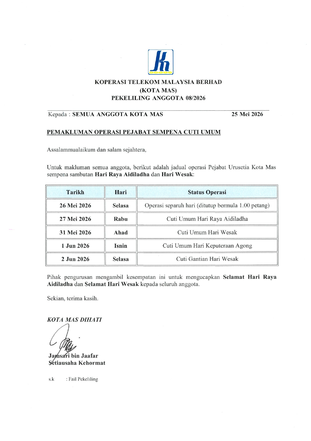 PEKELILING ANGGOTA 7/2026 CUTI SEMPENA HARI RAYA AIDILADHA